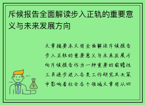 斥候报告全面解读步入正轨的重要意义与未来发展方向
